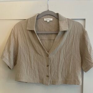 Beige Button-Down Crop Top with gold bar buttons